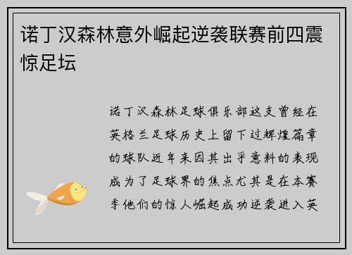 诺丁汉森林意外崛起逆袭联赛前四震惊足坛